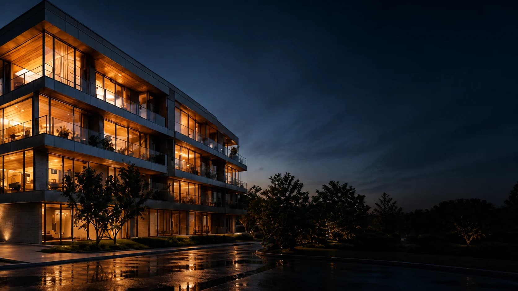 Contemporary rental property with warm windows at dusk
